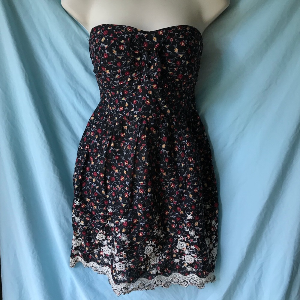 🌹🌼 Strapless Floral Print Dress, Black, Small